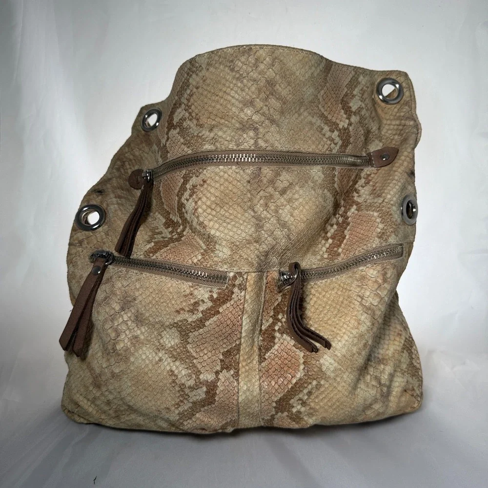 Maurizio Taiuti Italian Leather Handbag Tan Brown Snakeskin Embossed Broken In